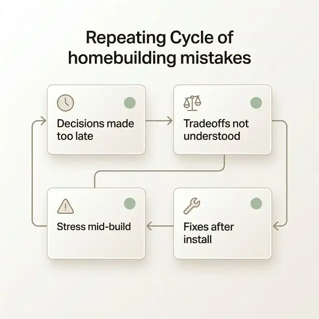 Repeating cycle of homebuilding mistakes: decisions made too late, tradeoffs not understood, fixes after install, stress mid-build