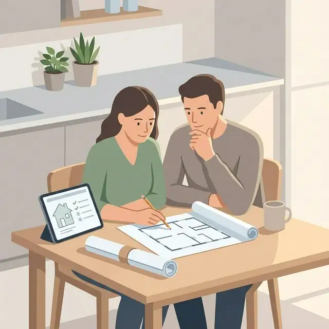 Couple reviewing home plans together at a kitchen table with a tablet showing an organized checklist