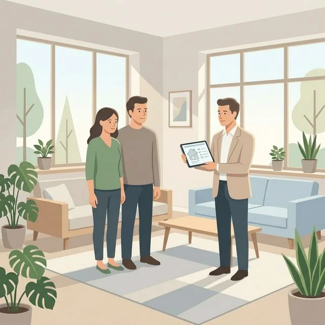 Real estate agent walking buyers through a modern home