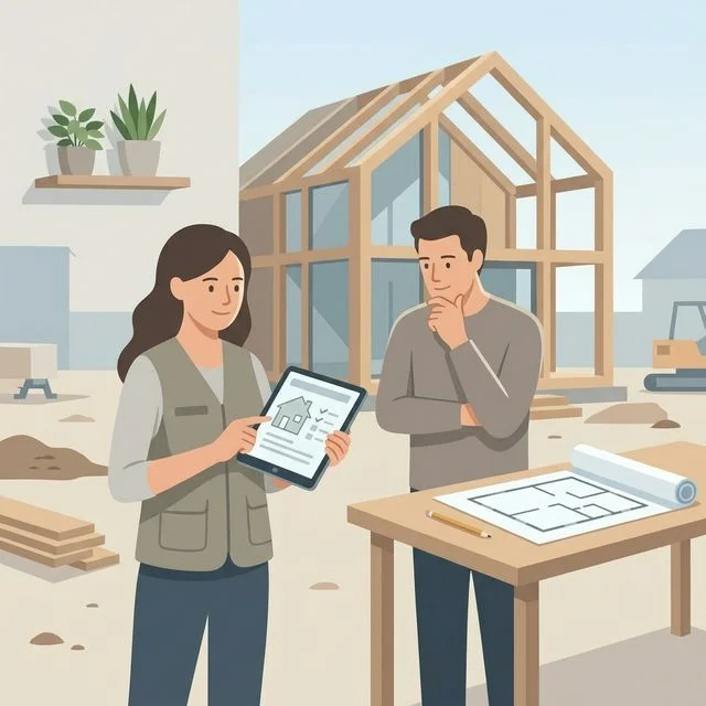 Builder reviewing an organized project dashboard at a clean construction site